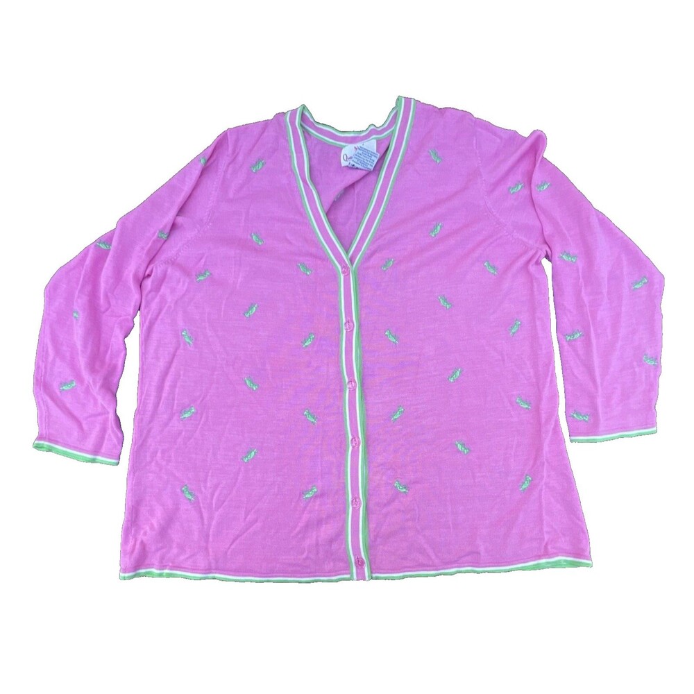 Quacker Factory 70% Silk Pink Cardigan Sweater w/Green Grasshoppers Size 1X